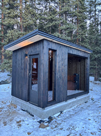 Gather sauna, snowy mountain setting
